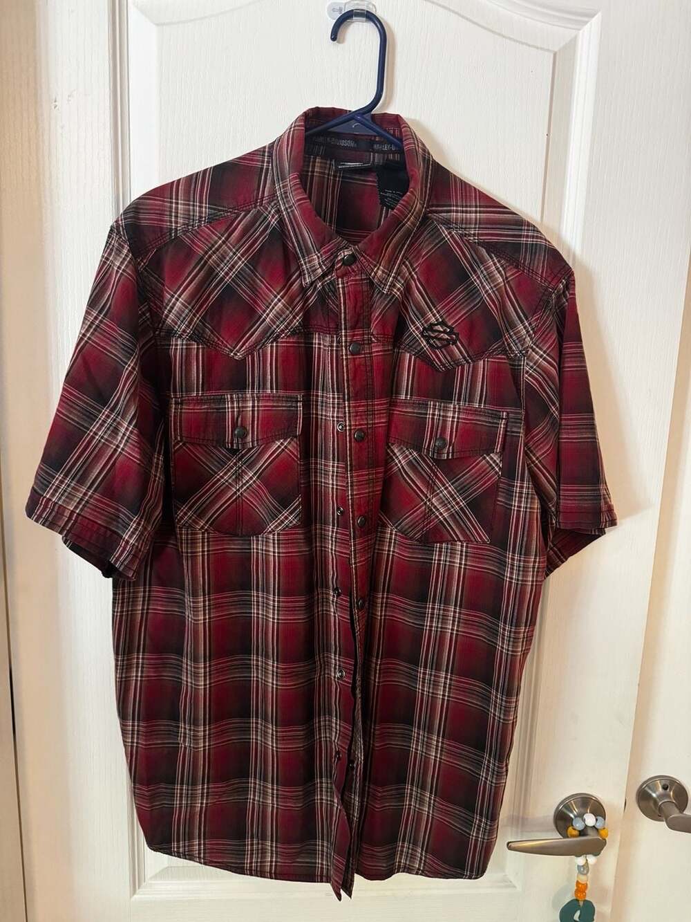 Harley-Davidson Men's Red Plaid Short Sleeve Woven Shirt with Embroidered Back